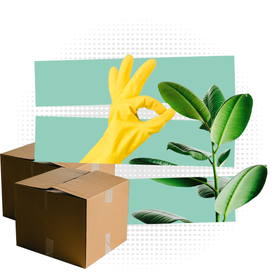 Zwei blaue, gefüllte Müllsäcke stehen am linken Rand des Bildes. In der Mitte ist eine Hand in einem gelben Silikonhandschuh zu sehen, neben der eine Pflanze abgebildet ist.